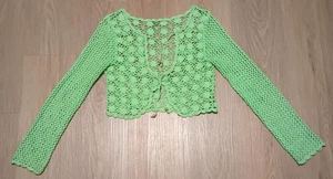 Vtg 60s 70s Lime Green Crochet Open Knit Cropped Top Cardigan Jacket boho XS - Picture 1 of 14