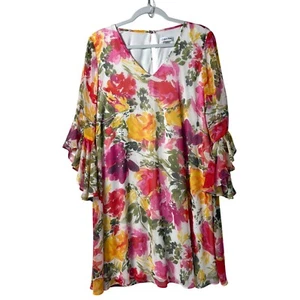 Mini abito Calvin Klein taglia 12 rosa giallo floreale chiffon maniche a campana 3/4 - Foto 1 di 12