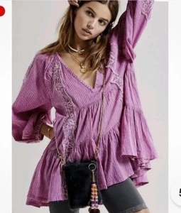 Free People Another Special Day Boho Embroidered Striped Tunic Size XS Orchid - Picture 1 of 8