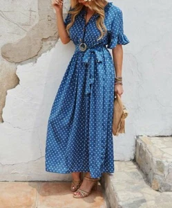 Gaovot Women's Blue Polka Dot Belted Ruffle Sleeve A Line Maxi Dress Size L - Picture 1 of 11