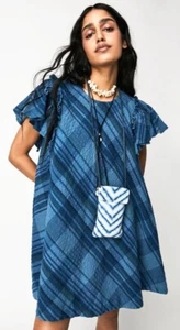 New Free People Yara Madras Mini Blue Dress - Picture 1 of 8