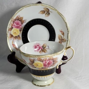 Vintage Shafford Footed Tea Cup Saucer White Black Band Gold Floral - Picture 1 of 10