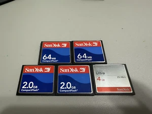 Lot of 5 Genuine SanDisk CF 4GB Ultra, 64MB x 2, 2GB x 2 *Free S&H - Picture 1 of 2