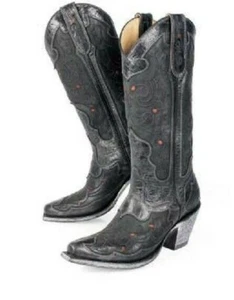 BOOTS WOMEN 'S COWGIRL WESTERN BLACK WITH INLAY BROWN DOT LEATHER IMPORT USA - Bild 1 von 2