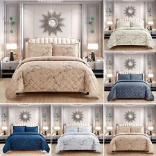 Velvet Marble Effect 3 Piece Bedspread Quilted Bed Comforter Set 2 Pillow Shams