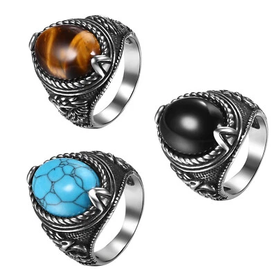 Anillo de boda de acero inoxidable ovalado ojo de tigre turquesa obsidiana piedras preciosas para hombre 8-13 Foto 1 de 4