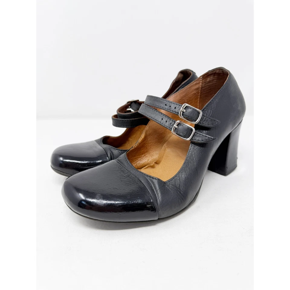 Miz Mooz Heather Black Leather Mary Jane Heels Patent Toe Cap Size 8 US / 39 EUR - Image 1 of 4