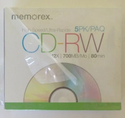 Memorex CD-RW 5 包紧凑型磁盘 12 X 700MB 80 分钟高速 — 第 1/2 张图片