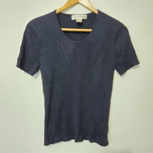 VTG Jones New York 100% Silk Navy Blue Ribbed Top Sz L Short Sleeve Stretch Work - Picture 1 of 8
