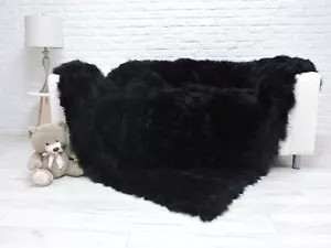 Rare! Cachemire Lana Pelliccia Coperta Pelle Copriletto Nero 639 - Foto 1 di 10