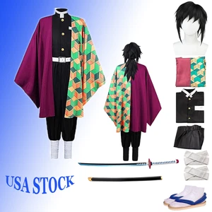 Anime Kimono Tomioka Giyuu Cosplay Costume Halloween Uniform + Wig+ Shoes +Sword - Picture 1 of 11