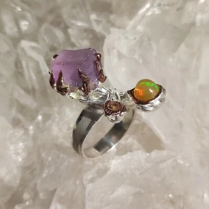 Anillo de piedra bruta amatista y ópalo plata de ley 925 hecho a mano tamaño 58 R2018 - Imagen 1 de 10