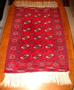 Vintage 3'x4' Hand Knotted Afghan Bokhara Red Oriental Wool Rug w/5" Fringe - Picture 1 of 22