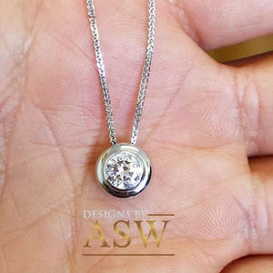 14K Weißgold Rund Schliff Simulierte Diamant Anhänger Lünette Solitär Kette 1,00ct - Bild 1 von 4