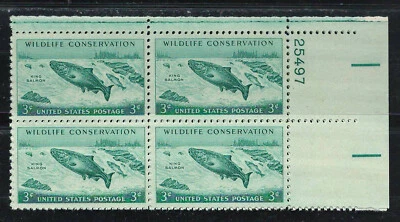 USA 1956 Very Fine MNH Plate Block of 4 Stamps Scott # 1079 King Salmon - Image 1 of 2