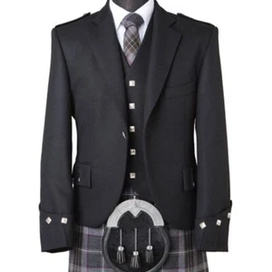 Men's Black Argyle Wool Wedding 42inch Chest short length Kilt Jacket With Vest - Picture 1 of 5