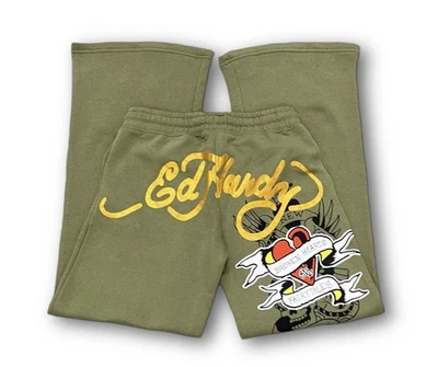 Ed Hardy Broken Hearts Flared Sweatpants Womens Sz XL Sage Green Y2K Tattoo NEW - Image 1 of 4