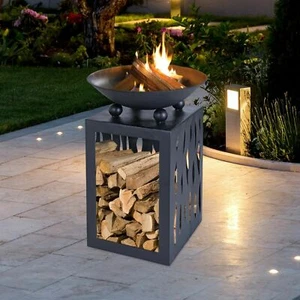 Black Outdoor Cast Iron Fire Place Pit Garden Steel Bowl Square Wood Log Storage - Picture 1 of 8