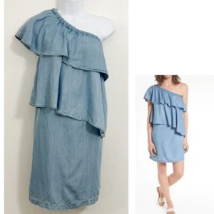 Chelsea28 Chambray Denim Dress M Asymmetric One Shoulder Mini Lyocell Ruffle - Picture 1 of 9