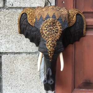 Elefantenkopf Holzschnitzerei Wandbehang Thai Elefantenkopf in Schwarz geschnitzt 12" - Bild 1 von 5