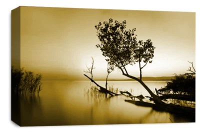 Large Floral Landscape Sunset Art Print Cream Brown Framed Canvas Picture - Image 1 of 4