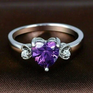 2Ct Heart Cut Lab Created Amethyst Women's Wedding Ring In 14K White Gold Plated - Picture 1 of 3