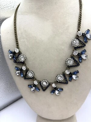 古董青铜彩色金属透明蓝色水晶围兜声明项链 — 第 1/4 张图片