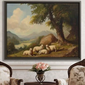 Sheep Canvas Wall Art Oil Painting Rustic Decor Framed Scenic Landscape Print - Picture 1 of 9