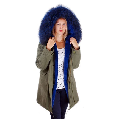 Long Women's Parka With Blue Raccoon Fur Hood Trim! NEW Jacket Coat Real Fur FOX - Image 1 of 4