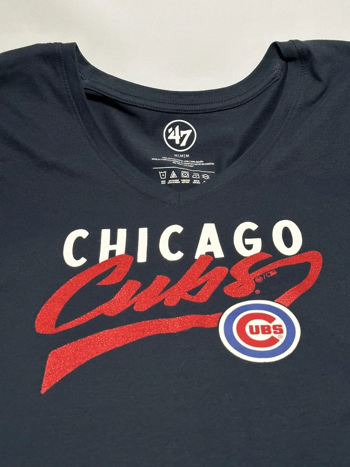 Chicago Cubs Sz M Shirt Womens Glitter Rush Rival '47 V-Neck Short Sleeve Navy