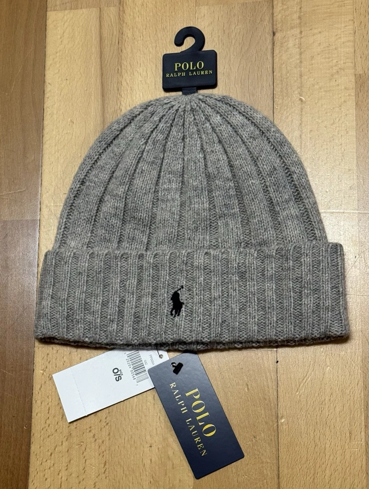 Polo Ralph Lauren Wool Blend Cap Beanie Cuff Knit Polo Pony Men Light Grey NEW - Image 1 of 1
