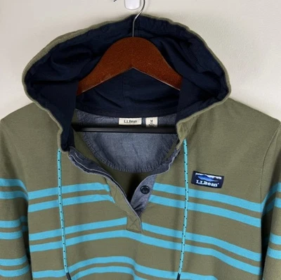 LL Bean толстовка с капюшоном женщин M толстовка синий зеленый в полоску длинным рукавом 1/4 на пуговицах - Изображение 1 из 4