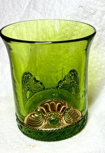 EAPG US Glass Green & Gold Lacy Medallion Souvenir Cup Etched: “Emile Husband” - Picture 1 of 5