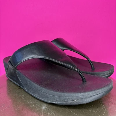 FitFlop Lulu Black Leather Toe Post Wedge Sandal Sz 8 - Image 1 of 4