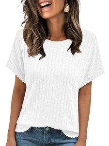 Women Textured Shirts Fall Sweaters Loose Fit Short Sleeve Tunic Tops 2025 Dr... - Foto 1 di 6