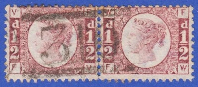 GB QV 1870 1/2d ROSE PLATE 6 FV FW SG49 GU HORIZONTAL PAIR STORNOWAY  310 - Image 1 of 2