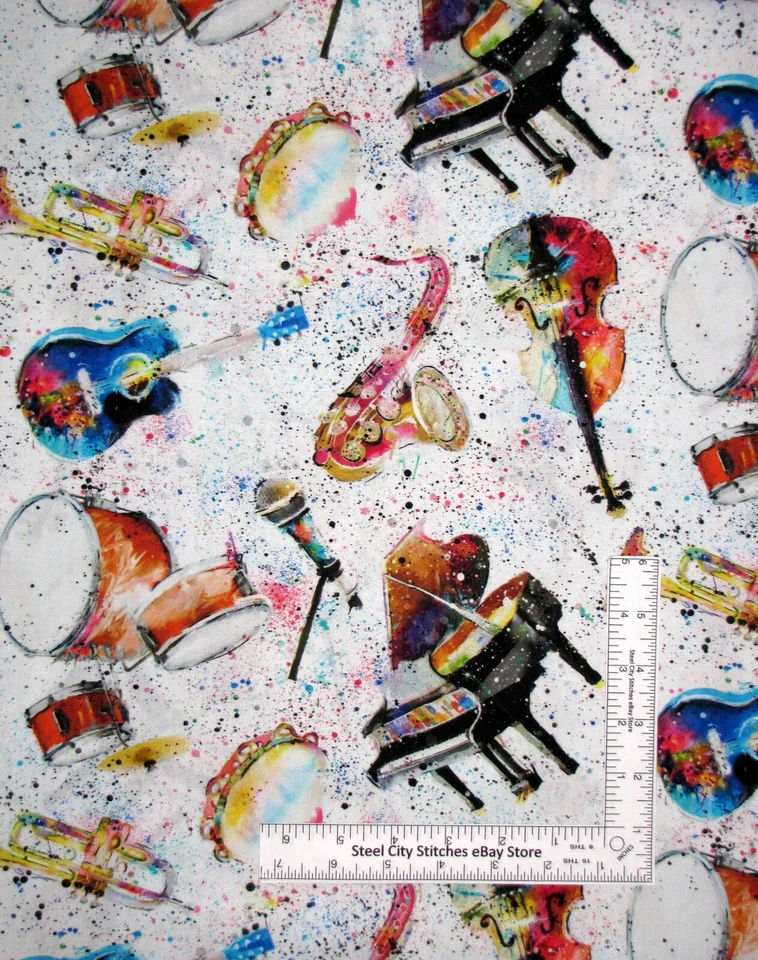 Music Fabric 20" Length Rhythm & Hues Instruments Piano Drum Cotton 3 Wishes - Image 1 of 1