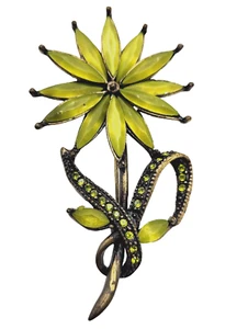 Lucite and Rhinestone Large Luminescent Green Metal Flower Brooch Pin - Picture 1 of 23