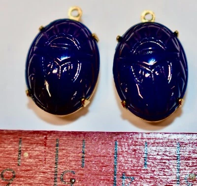 VINTAGE 2 LAPIS BLUE SCARAB-LIKE GLASS OVAL PENDANT BEADS 16x11mm  HIEROGLYPHS - Image 1 of 2