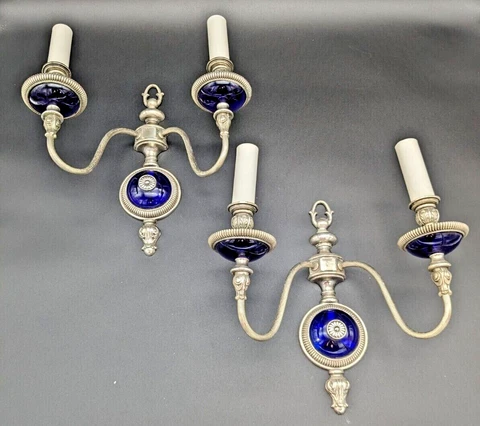 PAIR vintage french metal silver patinated Blue glass Wall lights sconces Cover