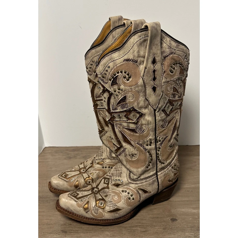 Corral Sadler Distressed Leather Metallic Insert Rhinestone Cowboy Boots Size 6 - Image 1 of 4