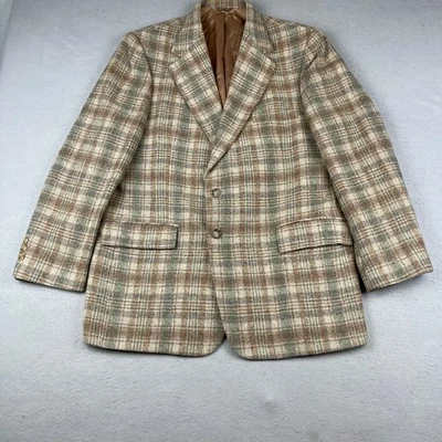 Vintage Blocks Tweed Blazer Mens 44 Tan Green Plaid Wool Sport Suit Jacket 90s - Image 1 of 4