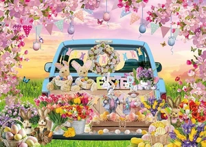 7ft x 5ft Fabric Easter Backdrop - Bunny Car - Photo Prop Party Decoration - New - Picture 1 of 6