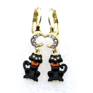 Kirks Folly Black Cat Halloween Leverback Earrings - Picture 1 of 3