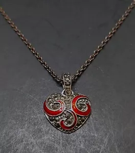 Sterling Silver Red Enamel Marcasite Heart Pendant Necklace 20" - Picture 1 of 7