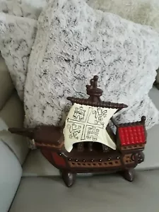 Mid Century Ceramic Boat Cross British Ship Navial Decor White Brown Red Details - Picture 1 of 12