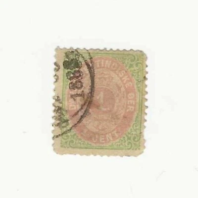 Sello de 1 centavo usado de las Indias Occidentales Danesas de 1874 #5a, fecha de cancelación; CV $125,00 Foto 1 de 2