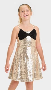 Cat & Jack Sleeveless Gold Sparkly Sequin Skater Velvet Bow Dress Medium/8 NWT - Picture 1 of 2
