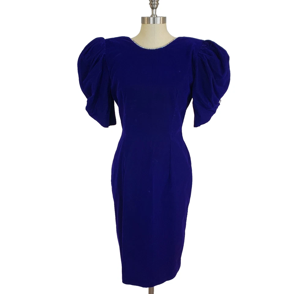 Vestido de Cóctel De Colección Años 80 90 Terciopelo Manga Abullonada Estrás Espalda Abierta Púrpura Retro Foto 1 de 4
