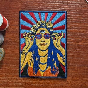 Hippie Patch Psychedelic Chick 3rd Eye Trippy Stoner Embroidered Iron On 4x3.5" - Picture 1 of 3